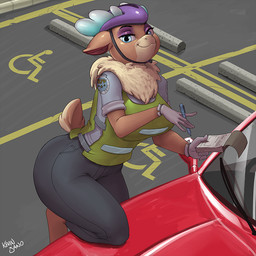 anthro armor big_breasts breasts car clothed clothing dual_holding exposure_variation female gloves handwear headgear helmet holding_note_pad holding_object holding_pen holding_writing_utensil looking_at_viewer note_pad outside pen police police_uniform smile solo uniform vehicle writing_utensil kevinsano them's_fightin'_herds velvet_reindeer_(tfh) deer mammal new_world_deer reindeer 1:1 2016 digital_media_(artwork) source_request