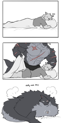 :3 anthro arm_scar bed_sheet bedding big_muscles black_clothing black_underwear blep bottomwear chest_scar claws clothed clothing countershade_face countershade_fur countershade_neck countershade_tail countershade_torso countershading duo excessive_fluff eye_scar facial_scar fin fin_scar finger_claws fish_tail flesh_fang fluffy fur grey_body grey_bottomwear grey_clothing grey_fur grey_shorts grey_topwear head_fin heart_symbol hug hugging_object hugging_pillow male monotone_body monotone_fur mouth_closed muscular muscular_anthro muscular_male onomatopoeia patreon_logo pillow red_tongue scar shorts simple_background simple_eyes sleeping solo sound_effects tail text tongue tongue_out topwear underwear underwear_only vowelless vowelless_sound_effect white_background white_claws white_eyes x_scar zzz wolfblack43 patreon canid canine canis fish furred_shark mammal marine shark wolf 2025 absurd_res artist_name comic digital_drawing_(artwork) digital_media_(artwork) english_text hi_res