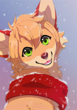 bangs brown_nose cheek_tuft eyelashes facial_tuft female feral feral_with_hair fur green_eyes hair looking_at_viewer mostly_nude open_mouth open_smile outside pink_tongue red_ears red_scarf scarf scarf_only short_hair smile smiling_at_viewer snow snow_on_fur snowing solo tan_body tan_fur teeth tongue tuft yellow_sclera azzai canid canine fox mammal 2017 cel_shading colored digital_drawing_(artwork) digital_media_(artwork) shaded