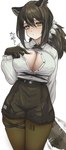 big_breasts bottomwear breasts cleavage clothed clothing collared_shirt dress_shirt ear_piercing eye_bags female freckles gloves grey_hair hair half-closed_eyes handwear legwear narrowed_eyes open_clothing open_shirt open_topwear pantyhose piercing ponytail shirt shorts skindentation solo tail tail_motion tailwag text topwear yellow_eyes radioneet arknights hypergryph studio_montagne robin_(arknights) animal_humanoid humanoid mammal mammal_humanoid procyonid procyonid_humanoid raccoon_humanoid 2024 absurd_res hi_res japanese_text translated