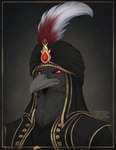 anthro beak black_clothing black_headwear black_topwear clothing grey_beak grey_body headgear headwear jewelry looking_at_viewer male mouth_closed narrowed_eyes necklace plume pupils red_eyes religious_clothing religious_headwear solo topwear turban white_pupils santanahoffman avian bird corvid oscine passerine 2024 artist_name bust_portrait dated hi_res portrait