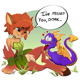 anthro brown_eyes dialogue duo excited_male female feral hair heart_eyes heart_symbol horn male male/female membrane_(anatomy) membranous_wings smile tail teeth text tongue tongue_out wings megadraws24 activision mythology spyro_the_dragon elora spyro dragon faun_(spyro) mammal mythological_creature mythological_scalie scalie absurd_res english_text hi_res