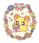 bedding blanket brown_body brown_fur female feral flower flower_wreath fur gift heart_symbol plant ribbons simple_background solo white_background jin3_z hamtaro_(series) penelope_(hamtaro) cricetid hamster mammal rodent