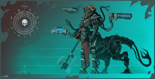 adeptus_mechanicus ambiguous_gender armor axe bottomwear clothing cybernetics gun hood loincloth machine melee_weapon plasma_gun quadruped ranged_weapon solo standing weapon okata warhammer_(franchise) warhammer_40000 cyborg taur absurd_res hi_res model_sheet