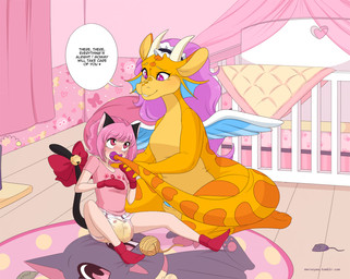 anthro ball_of_yarn bean_bag bodily_fluids bow_accessory cat_toy clothed clothing comforting crib curtains detailed_background diaper diaper_check embarrassed genital_fluids hair holding_pacifier object_in_mouth orange_body pacifier pacifier_in_mouth pink_clothing pink_hair pink_room pouch_(anatomy) question_mark rug text touching_diaper unclean_diaper urine used_diaper wearing_diaper wet_diaper wings yarn merunyaa mythology dragon felid feline humanoid mammal mythological_creature mythological_scalie scalie english_text hi_res