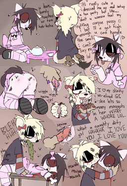 alternative_fashion anthro anthro_on_anthro blood bodily_fluids bone container corpse cup death dialogue drooling emo emo_haircut female gore hollow_eyes intersex intersex/female kissing knot missing_arm necrophilia paws penetration plap saliva sex smelly tea_cup tea_party teapot text vomit lilstarlite melanie_(lilstarlite) arthropod domestic_cat felid feline felis fly_(animal) hyena insect larva maggot mammal worm english_text hi_res