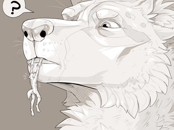 anthro butt cheek_tuft ears_back extreme_size_difference facial_tuft glistening glistening_eyes group holding_another in_mouth male male_anthro motion_lines mouth_closed neck_tuft nude oral_vore pivoted_ears question_mark simple_background size_difference slim_anthro slim_male trio tuft vore swampjaws ambiguous_species canid canine mammal 4:3 hi_res monochrome