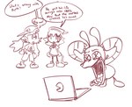 anthro bodily_fluids bottomwear clothed clothing computer crying dialogue electronics female footwear fur gloves group hair handwear hat headgear headwear jaw_drop laptop long_ears male open_mouth pinwheel_eyes shoes simple_background speech_bubble tears topwear trio cookiestar bandai_namco klonoa_(series) klonoa lolo_(klonoa) popka animal_humanoid canid canine canis domestic_cat domestic_dog felid feline felis haplorhine humanoid mammal mammal_humanoid monkey monkey_humanoid primate primate_humanoid digital_media_(artwork) hi_res