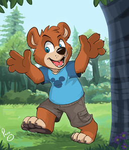 anthro barefoot blue_eyes blue_sky bottomwear brown_bottomwear brown_clothing brown_shorts cheek_tuft clothed clothing day facial_tuft fangs feet front_view fur glistening glistening_eyes grass green_clothing green_shirt green_t-shirt green_topwear head_tuft logo male male_anthro open_mouth open_smile orange_body orange_fur outside plant red_tongue shirt shorts sky smile solo standing t-shirt tan_body tan_fur teeth tongue topwear tree tuft young young_anthro young_male pandapaco bear mammal artist_logo signature