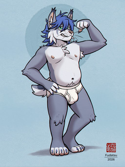 anthro blue_claws blue_hair briefs briefs_only brown_nose claws clothed clothing flexing_muscles fur green_eyes grey_body grey_fur hair half-closed_eyes male monotone_briefs monotone_clothing monotone_underwear narrowed_eyes navel nipples pattern_background simple_background solo tighty_whities topless underwear underwear_only whiskers white_briefs white_clothing white_underwear fudatsu maxwell_(maxwelllynx) felid feline mammal 2026 3:4 hi_res signature