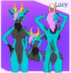 anthro blue_body blue_fur breasts butt dots female fur grey_body grey_fur hair horn lucy_(dawolf1339) pink_hair purple_eyes simple_background solo yellow_horn dawolf1339 canid canine deer hybrid mammal digital_media_(artwork)