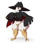 anthro big_breasts black_body bottomwear breasts clothing female hat headgear headwear mask nipple_dip nipple_piercing nipples piercing solo thong underwear coffee_demon palworld pocketpair avian bird cawgnito pal_(species) digital_media_(artwork) hi_res