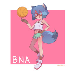 anthro ball basketball_(ball) bottomwear breasts clothed clothing dolphin_shorts female fur hair looking_at_viewer midriff navel short_hair shorts small_breasts solo standing orenjipiiru brand_new_animal studio_trigger michiru_kagemori canid canine mammal raccoon_dog tanuki 1:1 hi_res