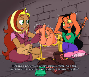 blush blush_lines bodily_fluids boots breasts clothing crown crying_laughing dark_body dark_skin dominant dominant_female duo fangs feet female female/female foot_fetish foot_focus footwear green_eyes hair headgear heart_eyes heart_symbol laugh long_hair sharp_teeth shoes small_breasts spade_tail tail tears teeth text tickle_torture tickling tickling_feet caroo arzette:_the_jewel_of_faramore zazie demon human humanoid mammal english_text hi_res