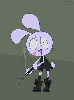 black_boots black_clothing black_dress black_footwear black_socks boots clothing dress footwear grey_sclera gun handgun holding_gun holding_handgun holding_object holding_pistol holding_ranged_weapon holding_weapon open_mouth open_smile pilot pistol purple_body purple_tail purple_tongue ranged_weapon shoes smile socks solo tail tongue weapon bravobunny lagomorph leporid mammal rabbit 2020 full-length_portrait hi_res portrait
