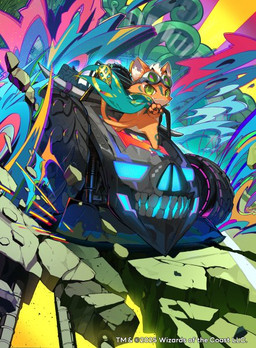 ambiguous_gender anthro cape car clothing eyewear eyewear_on_head goggles goggles_on_head green_cape green_clothing green_eyes looking_at_viewer on_car orange_body solo standing tail vehicle kurosawa_tetsu hasbro magic:_the_gathering wizards_of_the_coast loot_(magic:_the_gathering) fomori_(magic:_the_gathering) 2025 digital_media_(artwork) official_art