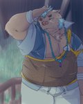 anthro belly bottomwear brown_body brown_fur clothing fur humanoid_hands kemono male overweight overweight_anthro overweight_male pants raining solo nunutaro3 lifewonders tokyo_afterschool_summoners ganglie_(tas) mammal suid suina sus_(pig) wild_boar 2020 4:5 hi_res