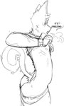 anthro big_butt bottomwear bottomwear_down breath butt clothed clothing clothing_lift cold domestic_cat duo felid feline felis looking_at_viewer male mammal monochrome nipples nolansnsfw pants pants_down partially_clothed removing_shirt sketch slim speech_bubble sweater sweater_lift talking_to_viewer topwear underwear underwear_down undressing