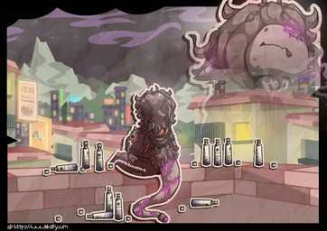 alcohol alcohol_bottle anthro background_signs beverage beverage_bottle bodily_fluids bottle clothed clothing container crying detailed_background fur glistening glowing hair holding_object imminent_death machine male outside sky solo speaker_ears suicidal suicidal_ideation tail tears text khalfy_kun ampwave canid canine hybrid mammal robot absurd_res digital_media_(artwork) hi_res url