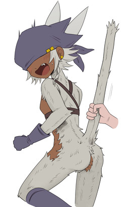 accessory boots breasts butt clothing covered_eyes dark_body dark_skin ear_piercing fangs female footwear fur gloves hair handwear headgear headwear jewelry kerchief nipples piercing shoes small_breasts tail tail_grab teeth white_body white_fur white_hair g_tsurimasu haplorhine mammal monkey primate hi_res