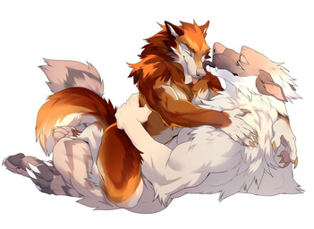 4_toes 5_fingers anthro blep brown_body brown_fur claws duo feet fingers fur licking male nude open_mouth smile teeth toes tongue tongue_out white_body white_fur drmax canid canine canis mammal wolf 2022 digital_media_(artwork) hi_res