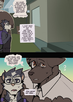 2_panel_comic anthro big_muscles big_nipples big_pecs black_body black_clothing black_fur black_shirt black_tank_top black_topwear bone brown_body brown_fur clothed clothing dialogue duo ellipsis eyewear face_focus fur glasses huge_pecs male male/male muscular muscular_anthro muscular_male nipples one_fang pecs purple_eyes round_glasses shirt size_difference skull skull_head smaller_male speech_bubble tank_top text topwear torn_clothing torn_topwear white_body white_fur king_slabu adrian_(king_slabu) nolan_(king_slabu) american_opossum canid canine canis domestic_dog mammal marsupial spirit virginia_opossum comic digital_media_(artwork) english_text hi_res