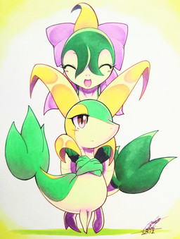 3_fingers ambiguous_gender anthro blush blush_lines brown_eyes crossed_arms duo eyelashes eyes_closed feral fingers green_body leaf looking_aside markings multicolored_body neck_collar open_mouth ribbons short_legs simple_background smile standing standing_behind tail tan_body tan_eyelids yellow_eyelids 025aki nintendo pokemon generation_5_pokemon pokemon_(species) servine snivy absurd_res hi_res signature