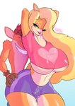 anthro big_breasts blonde_hair bottomwear breasts clothing duo female hair male male/female mature_female shorts under_boob dirtyduckart activision crash_bandicoot_(series) crash_bandicoot tawna_bandicoot bandicoot mammal marsupial absurd_res hi_res