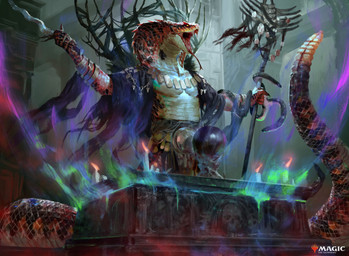 altar anthro apode black_body black_tail clothed clothing detailed_background fangs forked_tongue group holding_melee_weapon holding_object holding_staff holding_sword holding_weapon legless male melee_weapon multicolored_body multicolored_tail open_mouth red_body red_scales red_tail scales serpentine solo_focus staff sword tail teeth tongue tongue_out weapon tuan_duong_chu dungeons_and_dragons hasbro magic:_the_gathering wizards_of_the_coast draconcopode naga reptile scalie snake yuan-ti 2022 absurd_res hi_res official_art