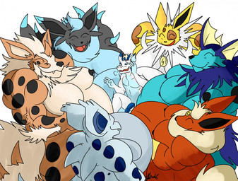 anthro belly belly_squish big_belly breasts female frill_(anatomy) genitals group group_pregnancy huge_belly male male/female medallion multiple_pregnancies neck_tuft nipples penis pregnant pregnant_anthro pregnant_female squish tail tuft nelsonnoir nintendo pokemon arcanine eeveelution flareon generation_1_pokemon jolteon nidorina pokemon_(species) vaporeon