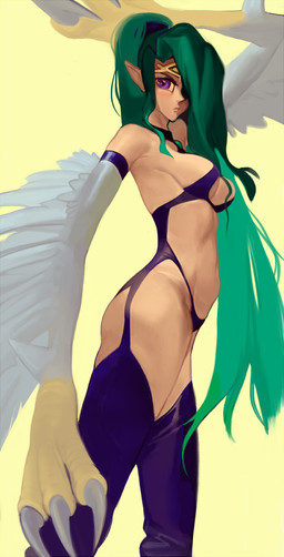 breasts cleavage clothed clothing female frown garter_straps green_hair hair jewelry legwear long_hair looking_at_viewer navel ponytail purple_eyes simple_background skimpy solo winged_arms wings mighty-whydah european_mythology greek_mythology mythology yu-gi-oh! harpie_queen avian duel_monster harpy harpy_lady humanoid monster monstrous_humanoid mythological_avian mythological_creature 2022 digital_media_(artwork) digital_painting_(artwork) painting_(artwork)