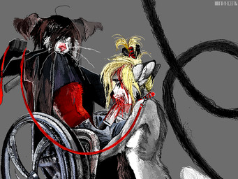 anthro big_ears bite black_body black_fur black_hair blonde_hair blood bodily_fluids claws clothed clothing clothing_lift collar disability duo female female_penetrated floppy_ears forced forced_oral fur gore grey_body grey_fur hair hair_over_eye knife knife_play leash long_tail male male/female male_penetrating male_penetrating_female nude one_eye_obstructed oral oral_penetration penetration pulling_hair red_body red_fur sex shirt shirt_lift simple_background snuff sucking tail topwear touching_hair vehicle wheelchair white_face jeffusherb pascal_(jeffusherb) canid canine canis domestic_cat domestic_dog felid feline felis mammal 2020 digital_media_(artwork) digital_painting_(artwork) painting_(artwork) signature