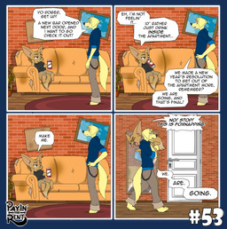 anthro carrying_another dialogue duo furniture humor living_room male sitting sofa speech_bubble standing text ariesartist bird_dog canid canine canis domestic_dog fennec_fox fox hunting_dog labrador mammal retriever true_fox absurd_res alpha_channel comic english_text hi_res