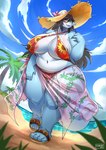 anthro areola areola_slip beach big_breasts black_hair blue_body breasts clothing cloud curvy_figure detailed_background eyewear female footwear glasses hair hat headgear headwear long_hair mature_anthro mature_female non-mammal_breasts outside overweight overweight_anthro overweight_female palm_tree plant sandals seaside shoes sky sun_hat tail thick_thighs tree voluptuous wide_hips ocaritna mythology dragonmom_(rayka) dragon mythological_creature mythological_scalie scalie 2021 hi_res signature