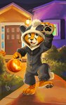 4_toes anthro barefoot black_pawpads building claws clothing countershade_feet countershading feet holidays house male onesie pawpads paws plantigrade soles solo toes pandapaco halloween cheetah felid feline mammal hi_res