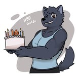 anthro biceps black_body black_fur bottomwear cake clothing dessert food fur grin hair male muscular muscular_anthro muscular_male one_eye_closed pecs shirt shorts smile solo standing tail tank_top teeth topwear wink northwoooof canid canine canis mammal wolf 1:1 hi_res