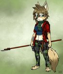 anthro axe backpack brown_body brown_fur brown_hair female fur gun hair knife melee_weapon polearm ranged_weapon scarf solo spear tan_body tan_fur weapon white_body white_fur ziegelzeig bad_guy_cafe aliya_sari_(readerno31142) canid canine corsac_fox fox mammal true_fox