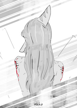 anthro blood blood_on_arm bodily_fluids bone_frill female frill_(anatomy) hair head_turned long_hair markings rear_view scratches solo striped_markings stripes text rehikir goodbye_volcano_high ko_op_(game_developer) fang_(gvh) prehistoric_species pterosaur reptile scalie absurd_res artist_name half-length_portrait hi_res portrait spot_color