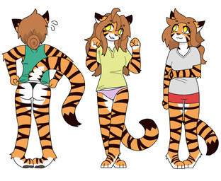 anthro black_clothing black_stripes black_thong black_underwear bodily_fluids briefs clothing female front_view fur green_clothing green_shirt green_tank_top green_topwear hair multiple_poses orange_body orange_fur pose purple_briefs purple_clothing purple_underwear rear_view red_clothing red_underwear shirt smile solo standing stripes sweat sweatdrop tail tank_top thong topwear underwear white_body white_clothing white_fur white_shirt white_topwear yellow_clothing yellow_eyes yellow_shirt yellow_topwear ashblondekittyy twokinds flora_(twokinds) felid keidran mammal pantherine tiger hi_res