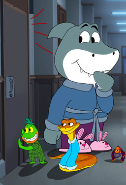 anthro bathrobe bathrobe_only bunny_slippers clothed clothing eavesdropping female feral footwear group hallway male robe shoes slippers sound_lines ledorean dreamworks the_bad_guys mr._piranha_(the_bad_guys) mr._shark_(the_bad_guys) mr._snake_(the_bad_guys) ms._tarantula_(the_bad_guys) aquatic arachnid arthropod characiform fish mammal mygalomorph piranha_(fish) reptile scalie serrasalmid shark snake spider tarantula 2026 hi_res