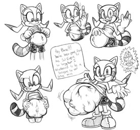 anthro belly big_belly clothing female footwear gloves handwear pregnant pregnant_female shirt shoes simple_background solo speech_bubble text topwear white_background killboo sega sonic_the_hedgehog_(series) marine_the_raccoon mammal procyonid raccoon 2026 hi_res monochrome