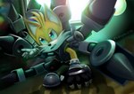 adolescent anthro blue_eyes bottomwear clothed clothing determination footwear fur handwear machine male mechanic mechanical_arm shirt shorts solo steel topwear yellow_body yellow_fur young iokepler netflix sega sonic_prime sonic_the_hedgehog_(series) miles_prower tails_nine canid canine fox mammal