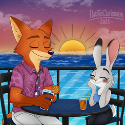 afternoon anthro beach date female male male/female sunset hatakeclarissarts disney zootopia judy_hopps nick_wilde canid canine european_rabbit fox lagomorph leporid mammal oryctolagus rabbit red_fox true_fox 1:1