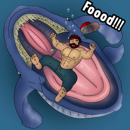 blue_body bottomwear clothing feral feral_pred hat headgear headwear human_prey male male_prey oral_vore pants red_clothing red_hat red_headwear sea vore water thatonewerewolf aquatic baleen_whale cetacean human mammal whale 1:1 2025 hi_res