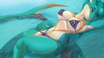 16:9 2015 anthro big_breasts bikini blue_body blue_hair blue_scales breasts claws clothed clothing cool_colors curvy_figure enceladus female fish green_body green_hair green_scales hair hi_res high-angle_view looking_aside marine markings multicolored_body multicolored_scales navel non-mammal_breasts orange_body orange_markings orange_scales outside partially_submerged purple_eyes scales seductive shark short_hair skimpy small_waist smile solo swimwear tan_body tan_scales teal_body teal_hair teal_scales teal_theme thick_thighs victoriano_the_chief water wide_hips widescreen
