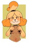 anthro blush breasts clothed clothing collar female fishnet_clothing fishnet_topwear fur hair medium_breasts navel simple_background smile solo spiked_collar spikes topwear yellow_body yellow_fur seiishin animal_crossing nintendo isabelle_(animal_crossing) canid canine canis domestic_dog mammal shih_tzu toy_dog 2019