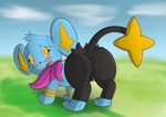 anus black_body blue_body butt female feral genitals looking_back pussy raised_tail rear_view solo tail softtailed nintendo pokemon generation_4_pokemon pokemon_(species) shinx hi_res