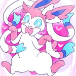 :3 ambiguous_gender blue_eyes blue_sclera blush blush_lines featureless_crotch feral fur heart_symbol open_mouth paws pink_background pink_blush pink_body pink_fur pupils raised_paw simple_background smile solo spread_legs spreading white_body white_fur white_pupils annyui0611 nintendo pokemon eeveelution generation_6_pokemon pokemon_(species) sylveon 1:1 hi_res