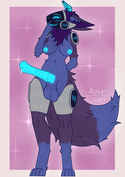 >:3 animal_genitalia animal_penis anthro areola balls blue_areola blue_nipples blue_penis bodily_fluids breasts curvy_figure digitigrade ears_down equine_genitalia equine_penis erection finger_on_face fluffy fluffy_tail fur genital_fluids genitals glowing glowing_areola glowing_genitalia glowing_horn glowing_nipples glowing_penis gynomorph hand_behind_back hand_on_face horn intersex machine nipples penis pivoted_ears precum protogen_armor protogen_visor purple_body purple_fur simple_background solo tail azurgyn protogen digital_drawing_(artwork) digital_media_(artwork) hi_res signature