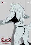 anthro breasts butt camera clothed clothing exposure_variation female fluffy fluffy_tail fur partially_clothed rear_view scar simple_background solo tail yellow_eyes knightmoonlight98 velvela canid canine canis mammal wolf hi_res